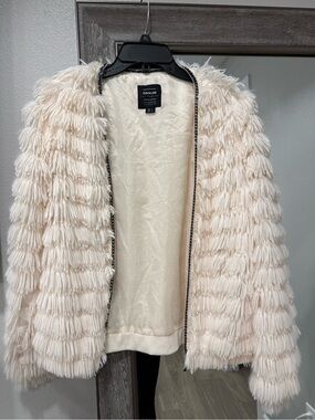Cavalini Cream Fringe Faux-Fur Open Jacket